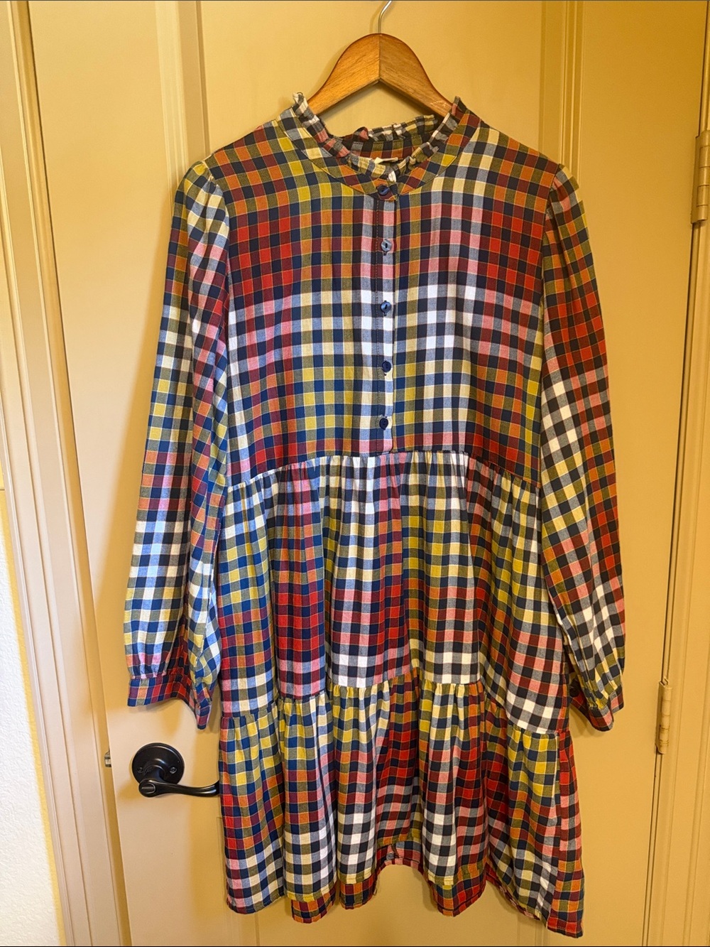 JODIFL Multicolor Plaid Tiered Button-Up Dress (Red, Yellow, Blue, Black, White)